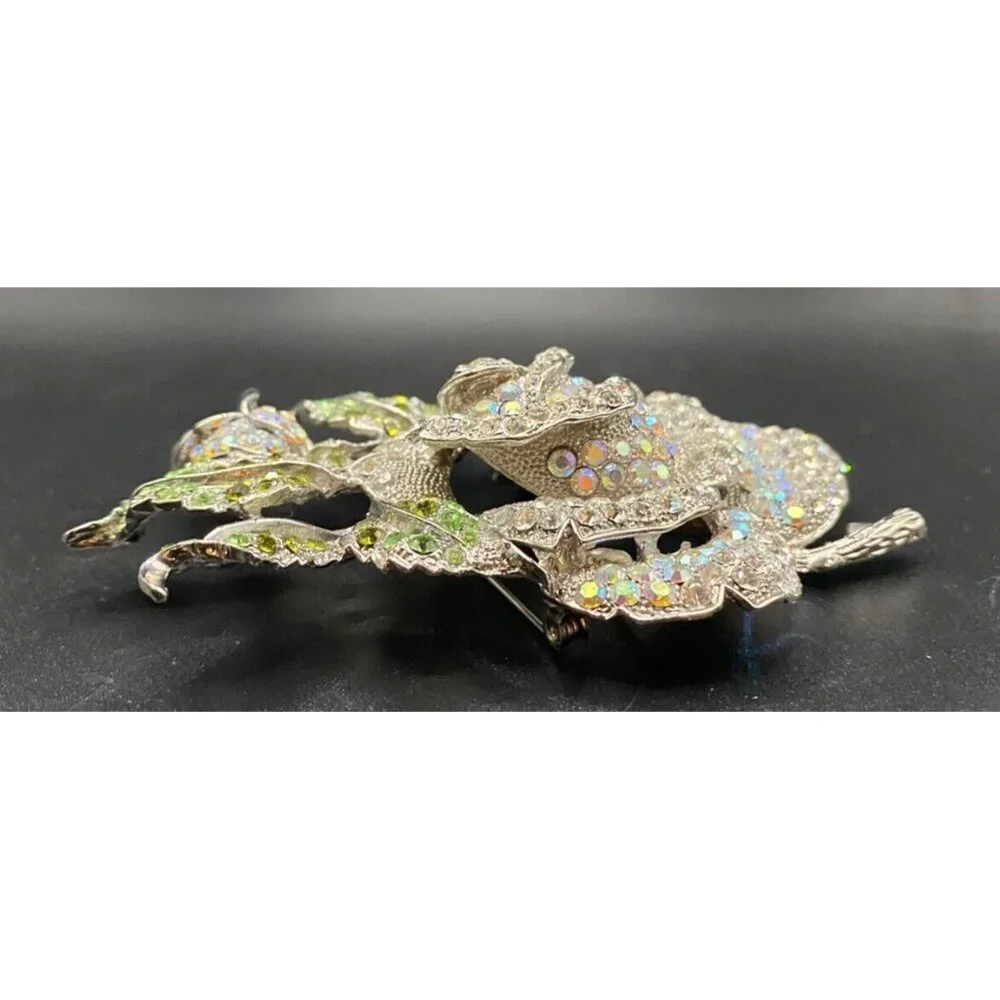 AB Clear Crystal Rose Brooch Huge 4" Silver Tone Thorns Green Leaves Rosebud - Picture 5 of 8